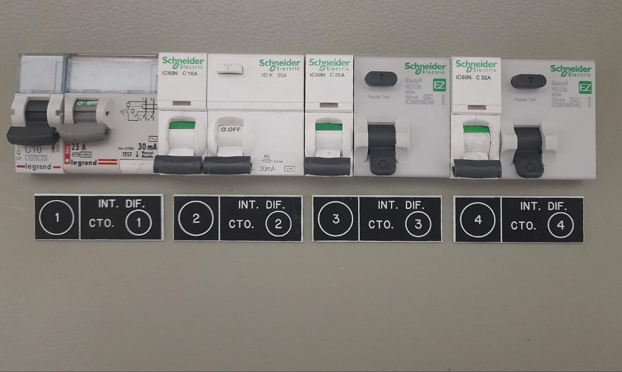 Panel eléctrico con varios interruptores automáticos y etiquetas de identificación adheridas, mostrando información de circuito y diferencial.